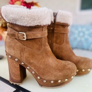 GUESS Brown Suede Faux-Fur Cuff Studded Platform Ankle Boots